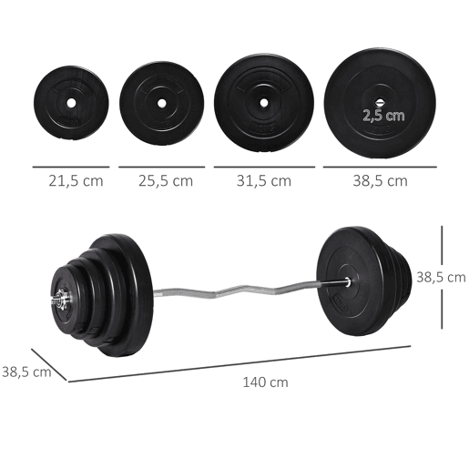 HOMCOM Barra de Pesos Curvada com 8 Discos de Peso Intercambiáveis até 70kg de Aço para Treinamento Culturismo em Academia Casa 140x38,5x38,5cm Preto