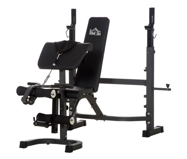 Homcom banco de musculación multifuncional banco de pesas con soporte de barras altura ajustable respaldo inclinable mariposa desarrollador de pierna
