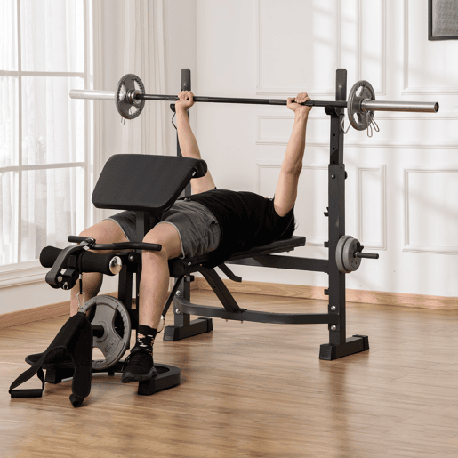 HOMCOM Banco de Musculação Multifuncional Banco de Pesos com Encosto Inclinável e Suporte de Barras com Altura Ajustável para Treinamento do Corpo Completo 187x140x117-136cm Preto