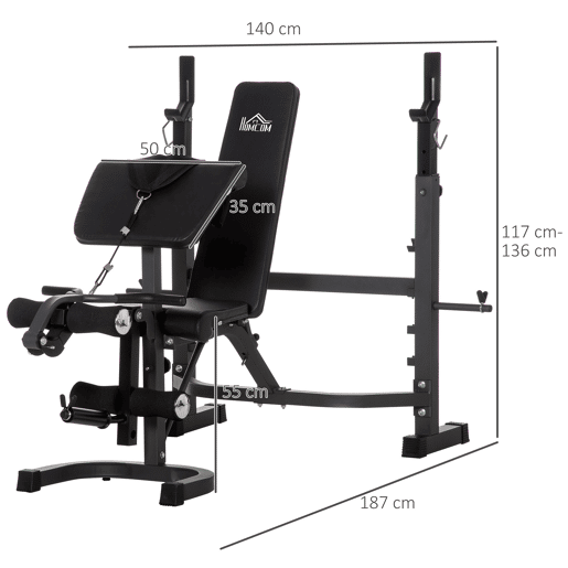 HOMCOM Banco de Musculação Multifuncional Banco de Pesos com Encosto Inclinável e Suporte de Barras com Altura Ajustável para Treinamento do Corpo Completo 187x140x117-136cm Preto