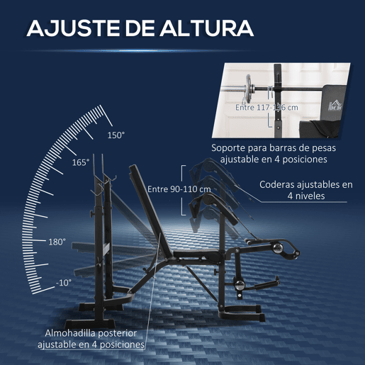 HOMCOM Banco de Musculação Multifuncional Banco de Pesos com Encosto Inclinável e Suporte de Barras com Altura Ajustável para Treinamento do Corpo Completo 187x140x117-136cm Preto