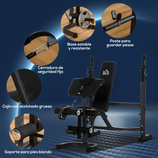 HOMCOM Banco de Musculação Multifuncional Banco de Pesos com Encosto Inclinável e Suporte de Barras com Altura Ajustável para Treinamento do Corpo Completo 187x140x117-136cm Preto