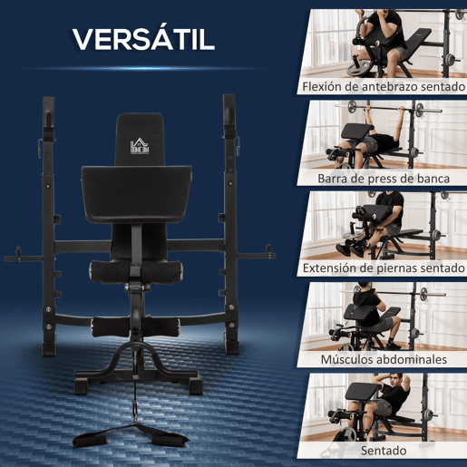 HOMCOM Banco de Musculação Multifuncional Banco de Pesos com Encosto Inclinável e Suporte de Barras com Altura Ajustável para Treinamento do Corpo Completo 187x140x117-136cm Preto