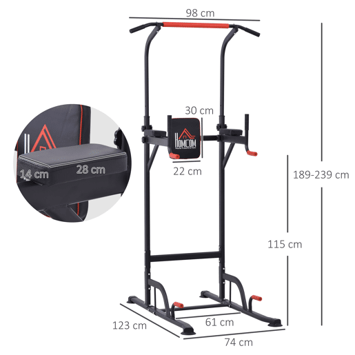 HOMCOM Torre de Exercícios Estação Multifuncional Altura Ajustável com 7 Orifícios para Treinamento Fitness para Casa Academia Escritório Carga Máxima 120kg 123x98x189-239cm Preto e Vermelho