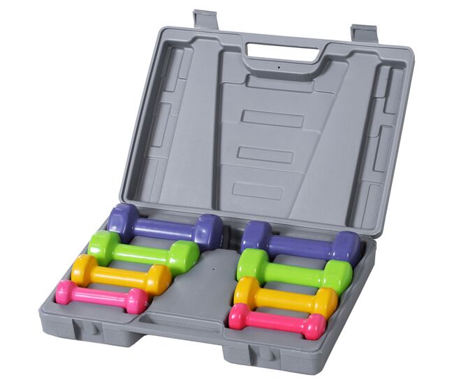 Homcom juego de mancuernas de 8 piezas, total 10 kg, 2x0,5 kg, 2x1 kg, 2x1,5 kg, 2x2 kg, mancuernas poligonales antideslizantes y estuche de