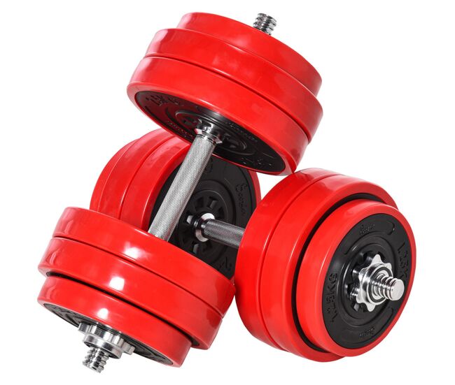 Homcom juego de mancuernas 30 kg ajustables 4 en 1 con 12 discos 2 barras y biela ajustable para entrenamiento de fuerza levantamiento de pesas hogar gimnasio oficina negro y rojo