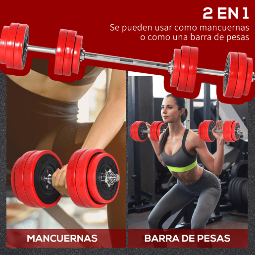 HOMCOM Conjunto de Halteres 30kg Ajustáveis 2 em 1 com Barras e Extensor para Treinamento de Força Levantamento de Pesos Casa Academia Escritórios Preto e Vermelho