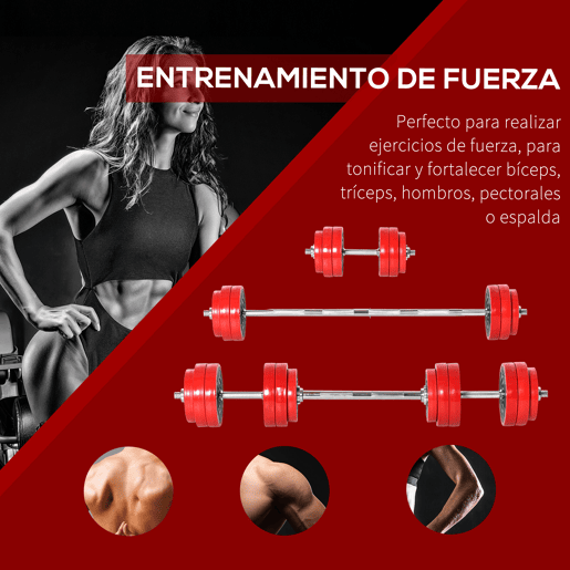 HOMCOM Conjunto de Halteres 30kg Ajustáveis 2 em 1 com Barras e Extensor para Treinamento de Força Levantamento de Pesos Casa Academia Escritórios Preto e Vermelho