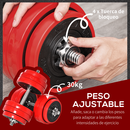 HOMCOM Conjunto de Halteres 30kg Ajustáveis 2 em 1 com Barras e Extensor para Treinamento de Força Levantamento de Pesos Casa Academia Escritórios Preto e Vermelho