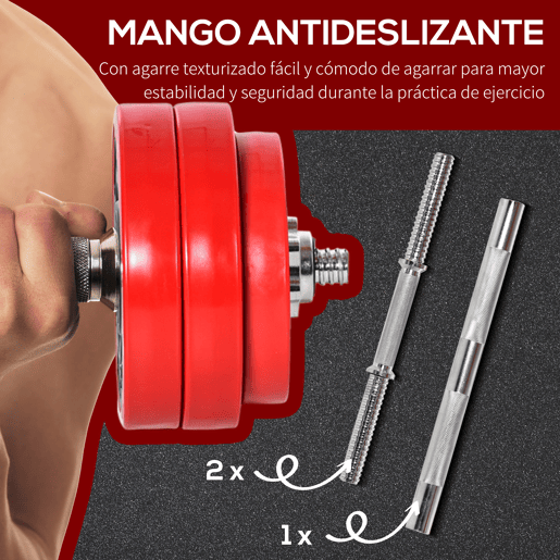HOMCOM Conjunto de Halteres 30kg Ajustáveis 2 em 1 com Barras e Extensor para Treinamento de Força Levantamento de Pesos Casa Academia Escritórios Preto e Vermelho