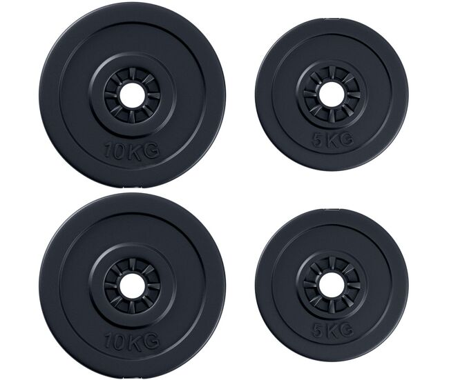 Homcom juego de 4 discos de pesas de 2x5 kg y 2x10 kg juego de placas de pesas con agujero de ø25 mm para barra o mancuernas entrenamiento de fuerza