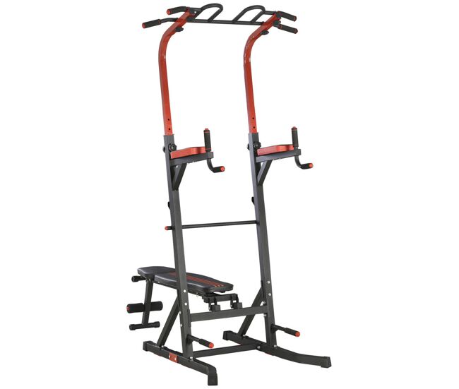 Homcom estación de musculación torre de entrenamiento con altura ajustable y respaldo regulable en 5 posiciones barra de dominadas fitness flexiones acero 108x178x202-238 cm negro