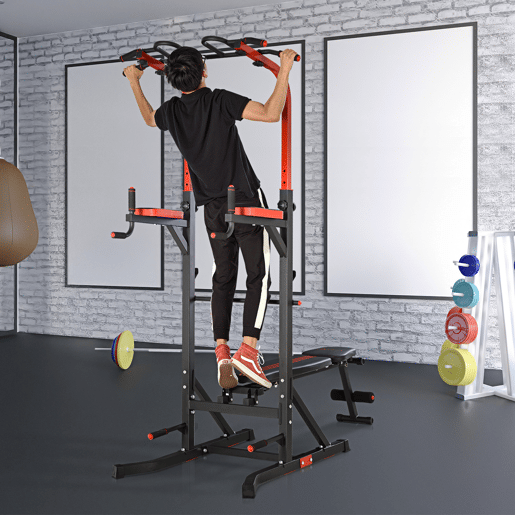 HOMCOM Estação de Musculação Torre de Treinamento com Altura Ajustável e Encosto Regulável em 7 Posições Barra de Elevação Flexões Aço 108x178x202-238cm Preto