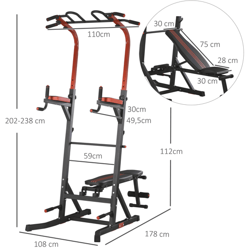 HOMCOM Estação de Musculação Torre de Treinamento com Altura Ajustável e Encosto Regulável em 7 Posições Barra de Elevação Flexões Aço 108x178x202-238cm Preto