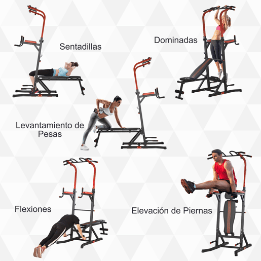HOMCOM Estação de Musculação Torre de Treinamento com Altura Ajustável e Encosto Regulável em 7 Posições Barra de Elevação Flexões Aço 108x178x202-238cm Preto