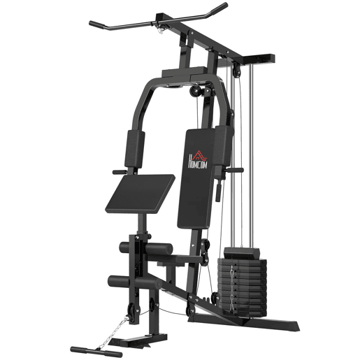 HOMCOM Máquina Multi Estação de Musculação Máquina de Musculação com Estribo para Pernas e Placas de Peso de 45kg para Treinamento Fitness em Casa Academia 148x108x207cm Preto