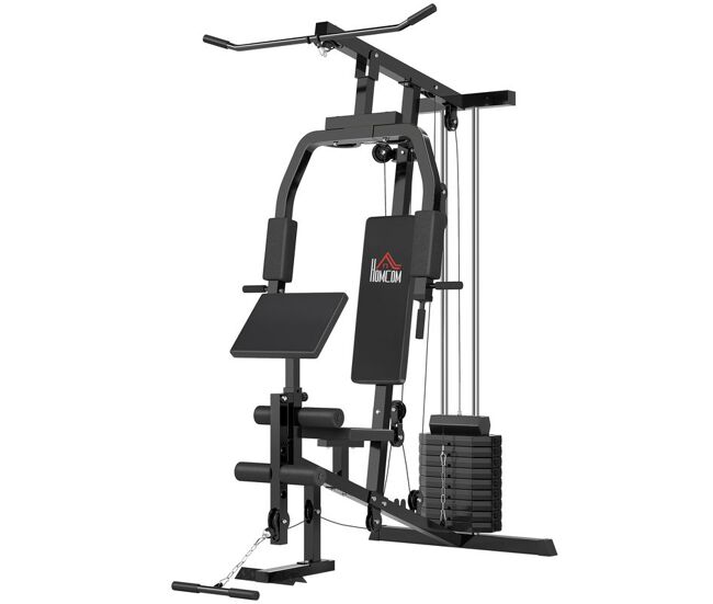 Homcom multiestación máquina de musculación con estribo para piernas poleas y placas de peso de 45 kg para entrenamiento fitness en hogar gimnasio 148x108x207 cm negro