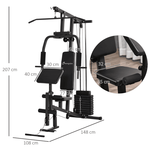 HOMCOM Máquina Multi Estação de Musculação Máquina de Musculação com Estribo para Pernas e Placas de Peso de 45kg para Treinamento Fitness em Casa Academia 148x108x207cm Preto