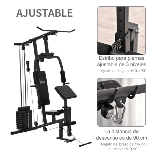HOMCOM Máquina Multi Estação de Musculação Máquina de Musculação com Estribo para Pernas e Placas de Peso de 45kg para Treinamento Fitness em Casa Academia 148x108x207cm Preto