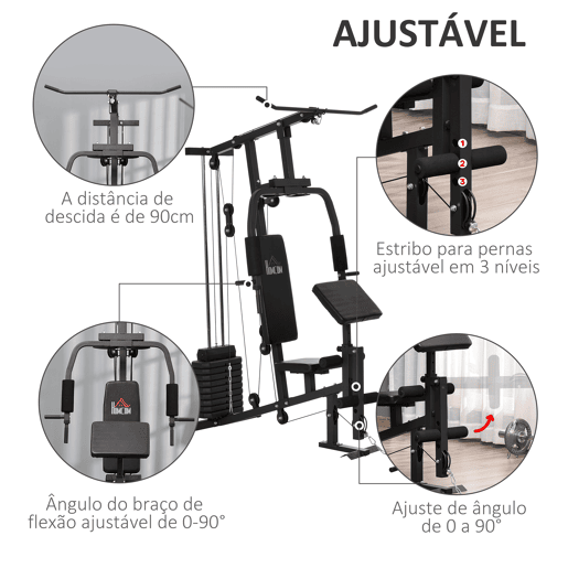 HOMCOM Máquina Multi Estação de Musculação Máquina de Musculação com Estribo para Pernas e Placas de Peso de 45kg para Treinamento Fitness em Casa Academia 148x108x207cm Preto