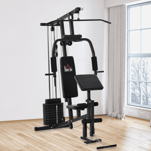 HOMCOM Máquina Multi Estação de Musculação Máquina de Musculação com Estribo para Pernas e Placas de Peso de 45kg para Treinamento Fitness em Casa Academia 148x108x207cm Preto