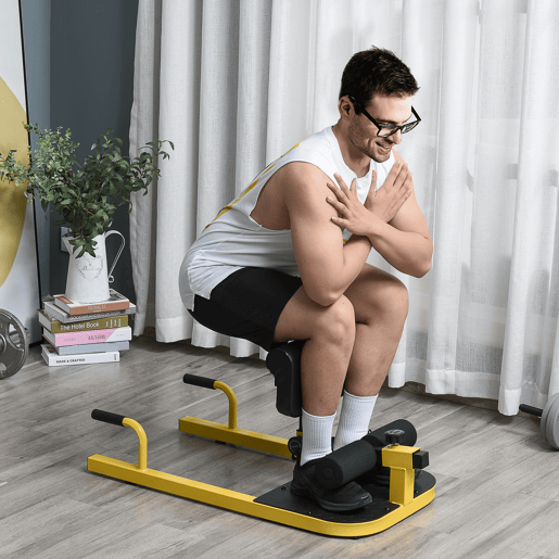 HOMCOM Sissy Squat 3 em 1 Máquina de Agachamento para Exercícios de Abdominais Flexões Agachamentos 50x97x56,5cm Preto e Amarelo