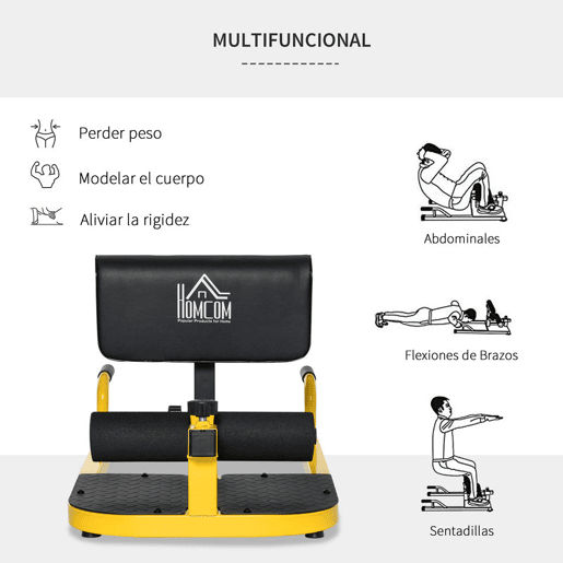 HOMCOM Sissy Squat 3 em 1 Máquina de Agachamento para Exercícios de Abdominais Flexões Agachamentos 50x97x56,5cm Preto e Amarelo