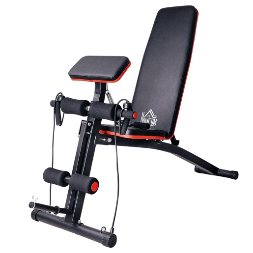 HOMCOM Banco de Musculação com Encosto Ajustável em 7 Posições Extensão de Pernas Apoio para Bíceps e Banda de Resistência para Treino Completo em Casa 54x160x106cm Preto e Vermelho