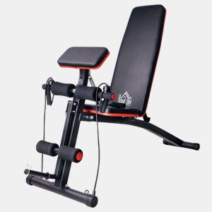 HOMCOM Banco de Musculação com Encosto Ajustável em 7 Posições Extensão de Pernas Apoio para Bíceps e Banda de Resistência para Treino Completo em Casa 54x160x106cm Preto e Vermelho