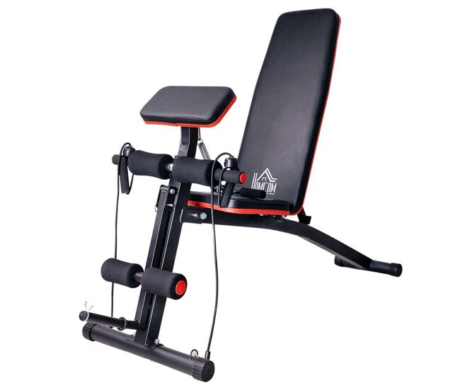 Homcom banco de musculación plegable, banco de pesas, respaldo inclinable 7 niveles, extensión de pierna, cojín de predicador, banda de resistencia, carga 300 kg, entrenamiento casa gimnasio, rojo