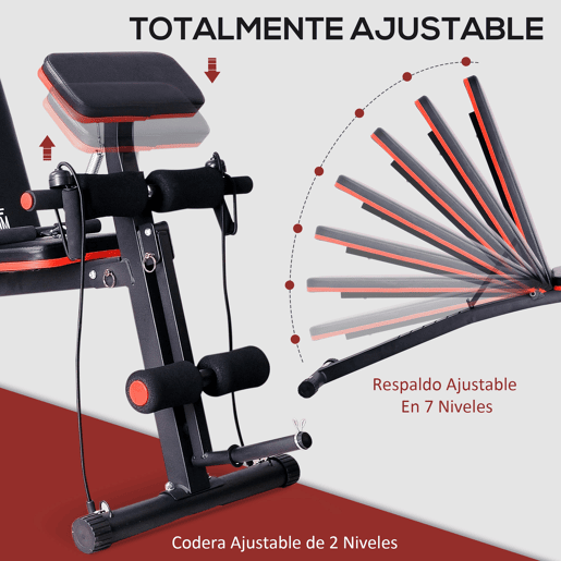 HOMCOM Banco de Musculação com Encosto Ajustável em 7 Posições Extensão de Pernas Apoio para Bíceps e Banda de Resistência para Treino Completo em Casa 54x160x106cm Preto e Vermelho
