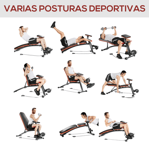 HOMCOM Banco de Musculação com Encosto Ajustável em 7 Posições Extensão de Pernas Apoio para Bíceps e Banda de Resistência para Treino Completo em Casa 54x160x106cm Preto e Vermelho