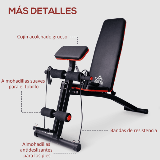 HOMCOM Banco de Musculação com Encosto Ajustável em 7 Posições Extensão de Pernas Apoio para Bíceps e Banda de Resistência para Treino Completo em Casa 54x160x106cm Preto e Vermelho