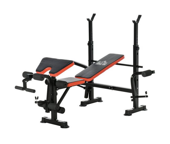 Homcom banco de musculación multifuncional, banco de pesas con respaldo ajustable, soporte para barras regulable, extensión de piernas, curl de predicador, mariposa, entrenamiento casa gimnasio, rojo