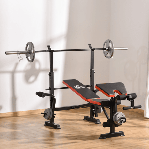 HOMCOM Banco de Musculação Multifuncional, Banco de Pesos com Encosto Ajustável, Suporte para Barras Regulável, Extensão de Pernas, Curl Predicador, Mariposa, Treino em Casa e Ginásio, Vermelho