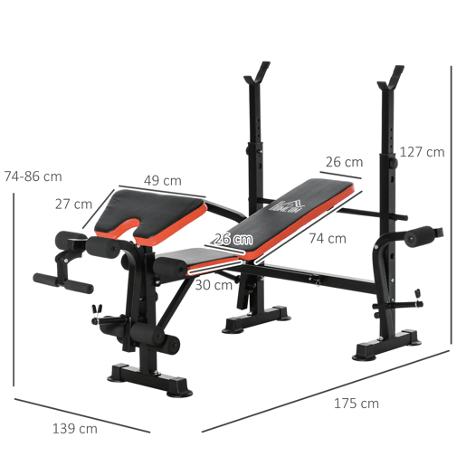 HOMCOM Banco de Musculação Multifuncional, Banco de Pesos com Encosto Ajustável, Suporte para Barras Regulável, Extensão de Pernas, Curl Predicador, Mariposa, Treino em Casa e Ginásio, Vermelho