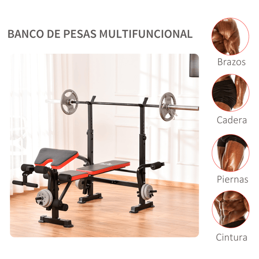 HOMCOM Banco de Musculação Multifuncional, Banco de Pesos com Encosto Ajustável, Suporte para Barras Regulável, Extensão de Pernas, Curl Predicador, Mariposa, Treino em Casa e Ginásio, Vermelho