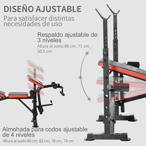 HOMCOM Banco de Musculação Multifuncional, Banco de Pesos com Encosto Ajustável, Suporte para Barras Regulável, Extensão de Pernas, Curl Predicador, Mariposa, Treino em Casa e Ginásio, Vermelho