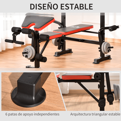 HOMCOM Banco de Musculação Multifuncional, Banco de Pesos com Encosto Ajustável, Suporte para Barras Regulável, Extensão de Pernas, Curl Predicador, Mariposa, Treino em Casa e Ginásio, Vermelho