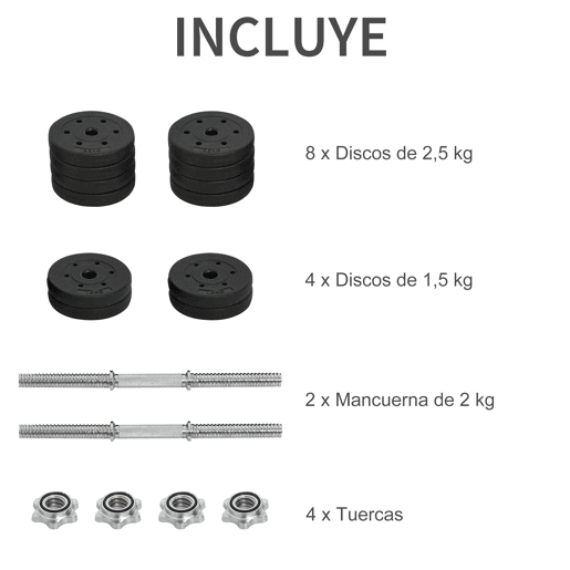 HOMCOM Conjunto de Halteres Ajustáveis 30kg com Barra de Conexão de Aço e Discos Desmontáveis Conjunto de Pesos para Treinamento em Casa Academia Escritório Preto