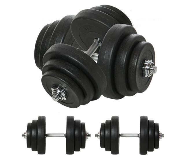 Homcom juego de mancuernas pesas de fitness total 40 kg 4x5 kg 4x2,5 kg 4x1,5 kg ajustable profesionales gimnasio doméstico y musculación con 2 barras ø25x450 mm acero y discos negro