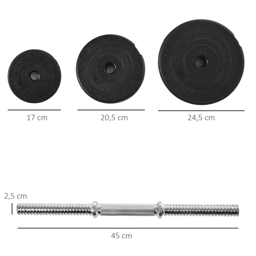 HOMCOM Conjunto de Halteres Ajustáveis 40 kg (4x5 kg, 4x2,5 kg, 4x1,5 kg) Profissional para Ginásio em Casa com 2 Barras de Aço Ø25x450 mm e Discos Pretos