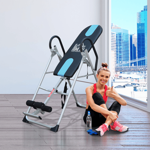 HOMCOM Mesa de Inversão Dobrável com Altura Ajustável entre 147-198 cm e Cinto de Segurança Capacidade Máxima 136 kg 65x112-142x126 cm Preto e Azul