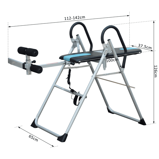HOMCOM Mesa de Inversão Dobrável com Altura Ajustável entre 147-198 cm e Cinto de Segurança Capacidade Máxima 136 kg 65x112-142x126 cm Preto e Azul