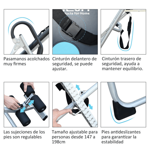 HOMCOM Mesa de Inversão Dobrável com Altura Ajustável entre 147-198 cm e Cinto de Segurança Capacidade Máxima 136 kg 65x112-142x126 cm Preto e Azul