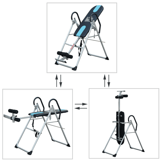 HOMCOM Mesa de Inversão Dobrável com Altura Ajustável entre 147-198 cm e Cinto de Segurança Capacidade Máxima 136 kg 65x112-142x126 cm Preto e Azul