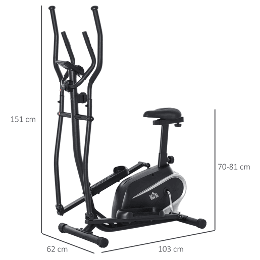 HOMCOM Bicicleta elíptica de fitness com Resistência Magnética Ajustável Tela LCD Sela Ajustável Monitor de Frequência Cardíaca e Volante 3 kg 103x62x151 cm Preto