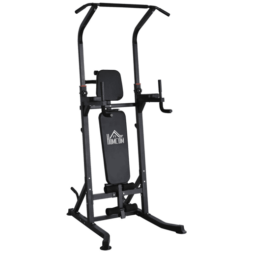 HOMCOM Estação de Musculação Torre de Treinamento Altura Ajustável com Barra de Flexões e Banco Dobrável para Fitness em Casa Academia Carga 150kg 99x178x230cm Preto