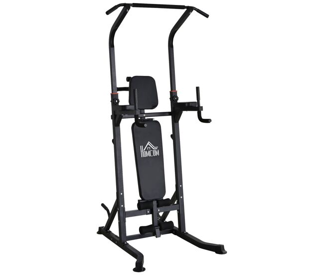 Homcom estación de musculación torre de entrenamiento altura ajustable 200-230 cm con barra de dominadas y banco plegable para fitness en casa
