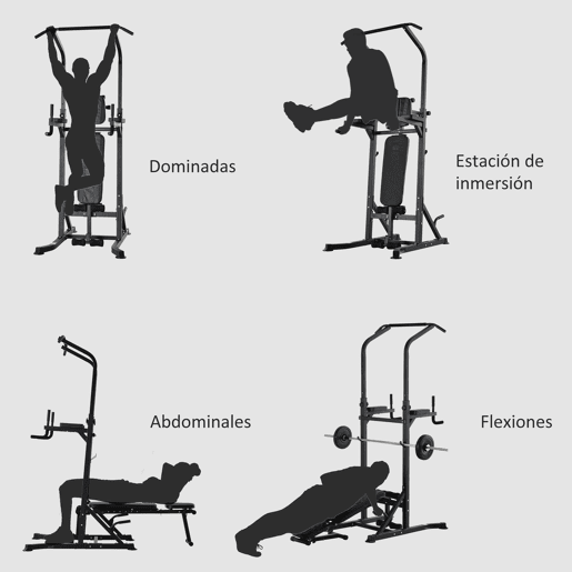 HOMCOM Estação de Musculação Torre de Treinamento Altura Ajustável com Barra de Flexões e Banco Dobrável para Fitness em Casa Academia Carga 150kg 99x178x230cm Preto
